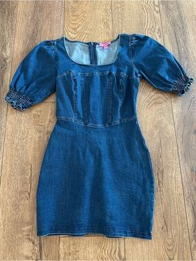 Betsey Johnson Dark Blue Denim Mini Dress with Puff Shoulders